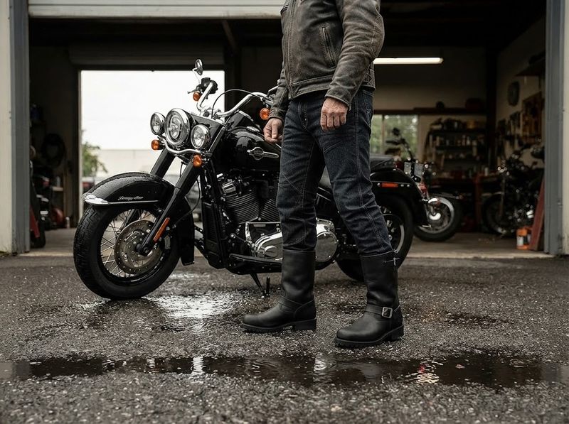 Boot toe tucked under a motorcycle gear-shift lever