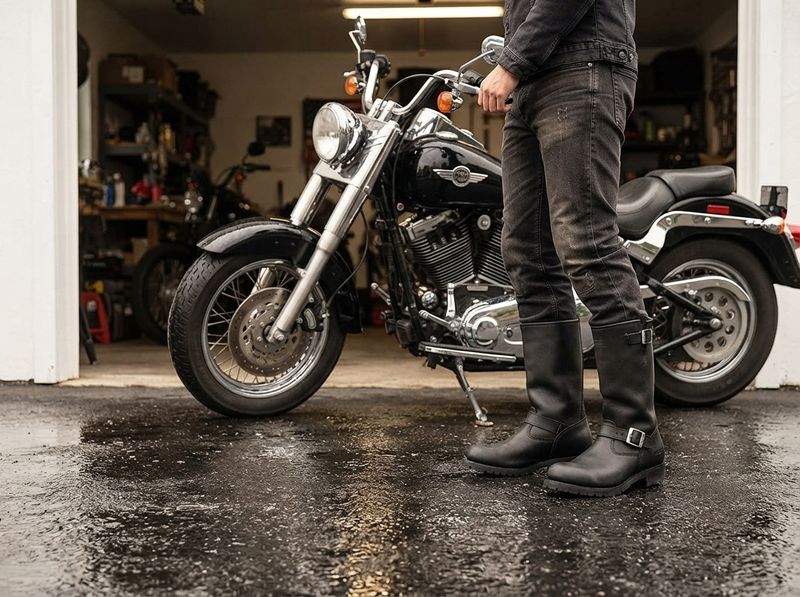 Boot sole planted on wet asphalt beside a fuel pump