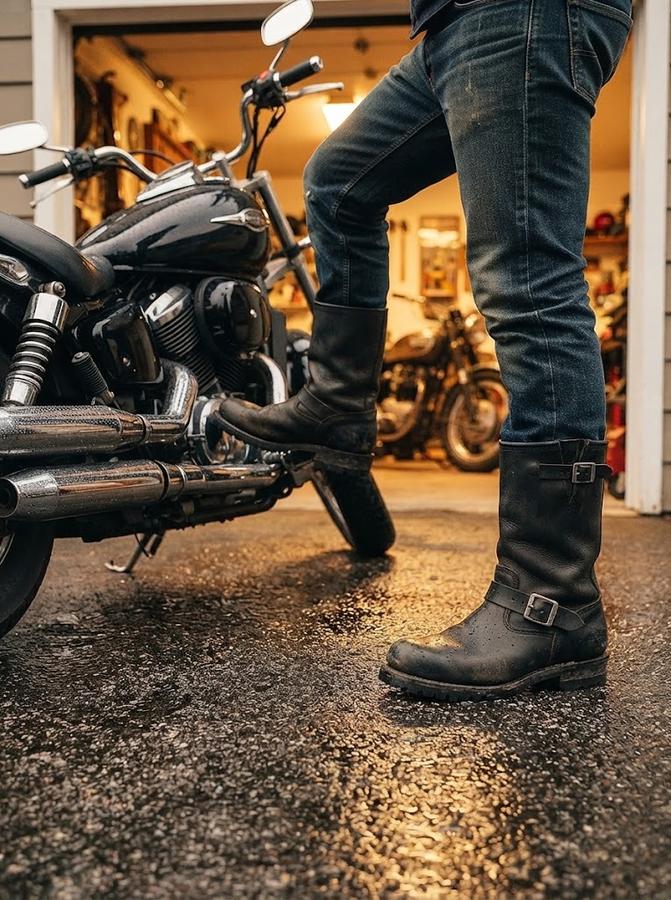 Stitched welt edge on a black engineer boot