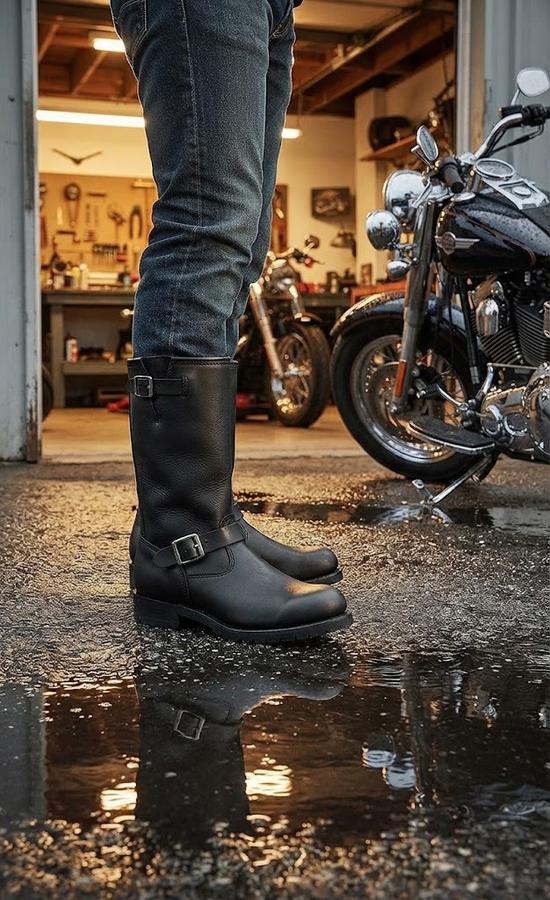 Full-grain leather vamp creased after two winters of riding