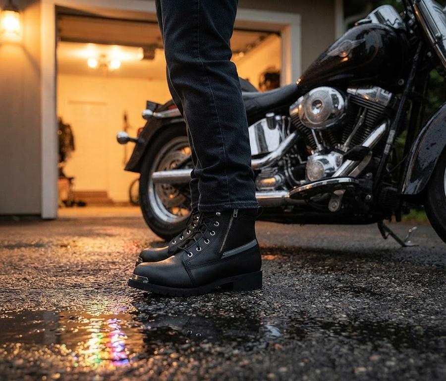 Side zipper open on a leather riding boot at the door